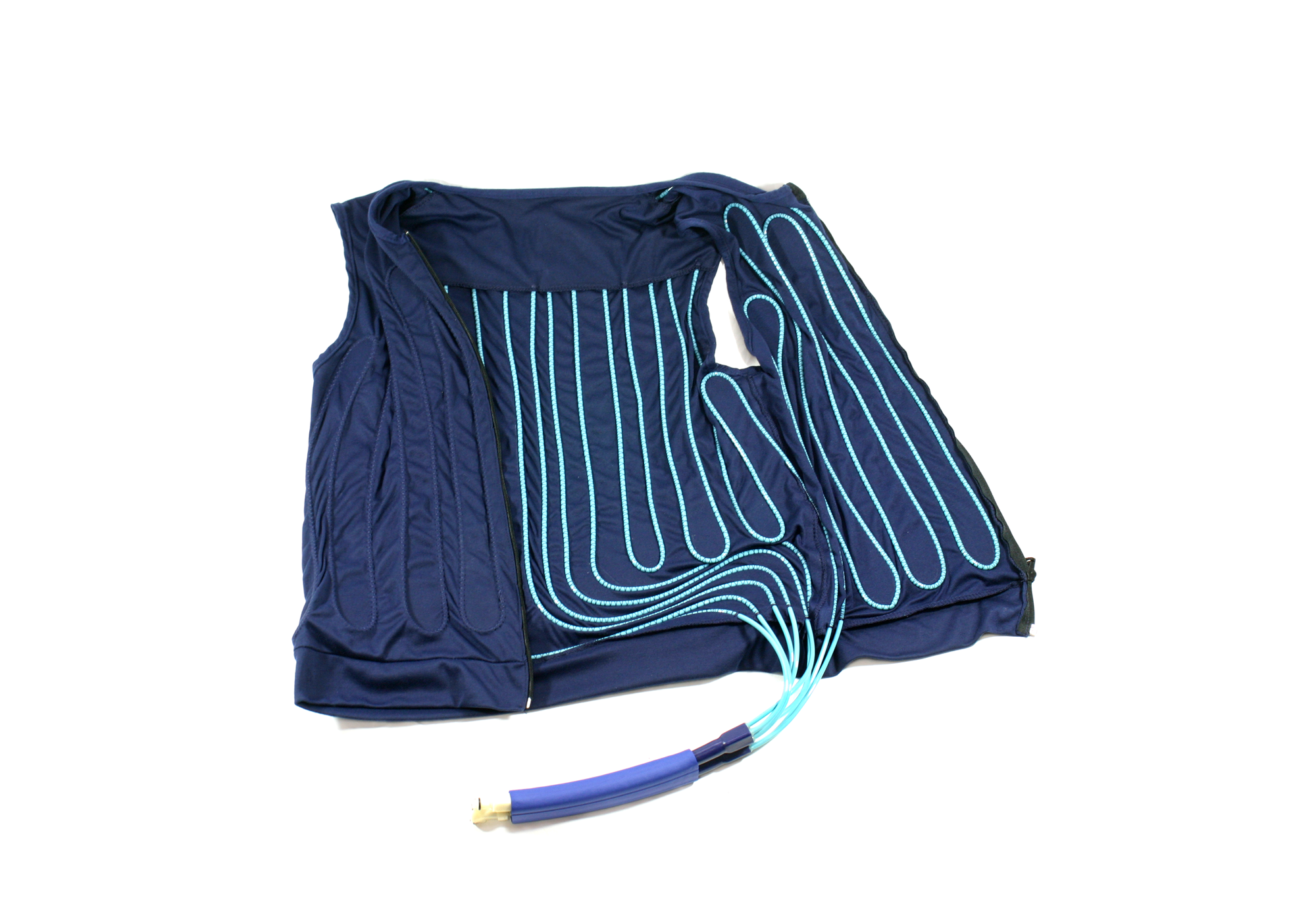 An open Cool Flow® fitted circulating cooling vest showing the sewn-in light blue tubing in side the vest on a white background.