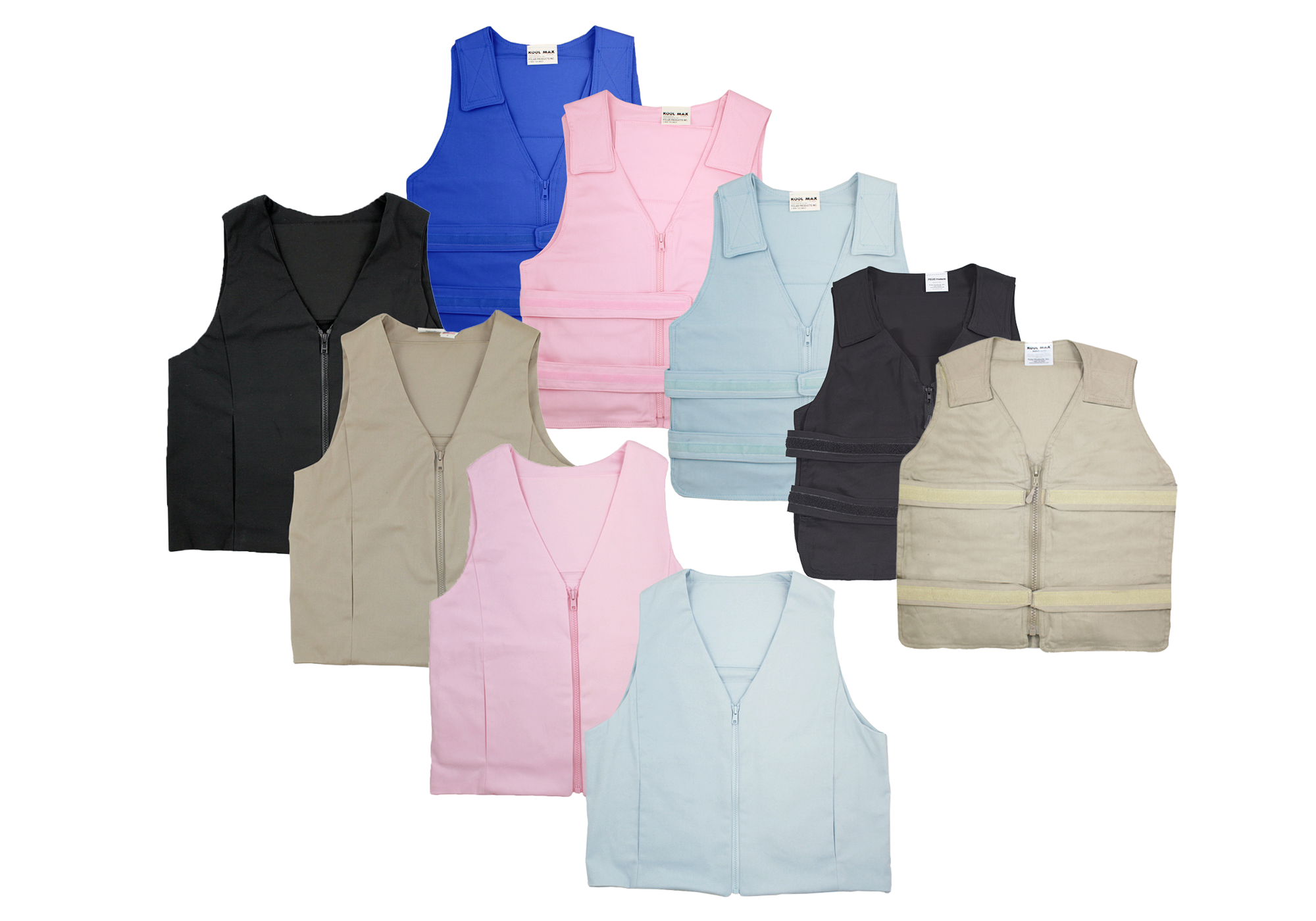 Collection of various colored vests on a white background
