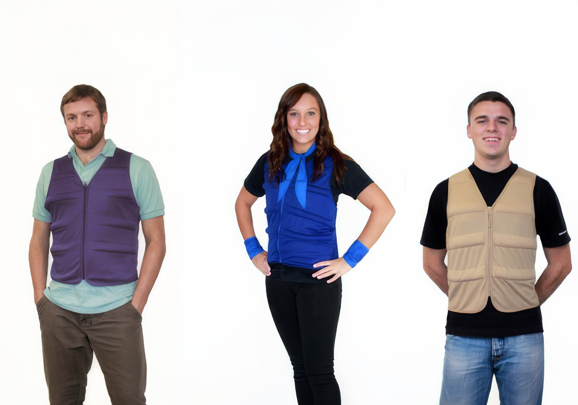 Three people wearing different colored cool comfort evaporative cooling vests on a white background