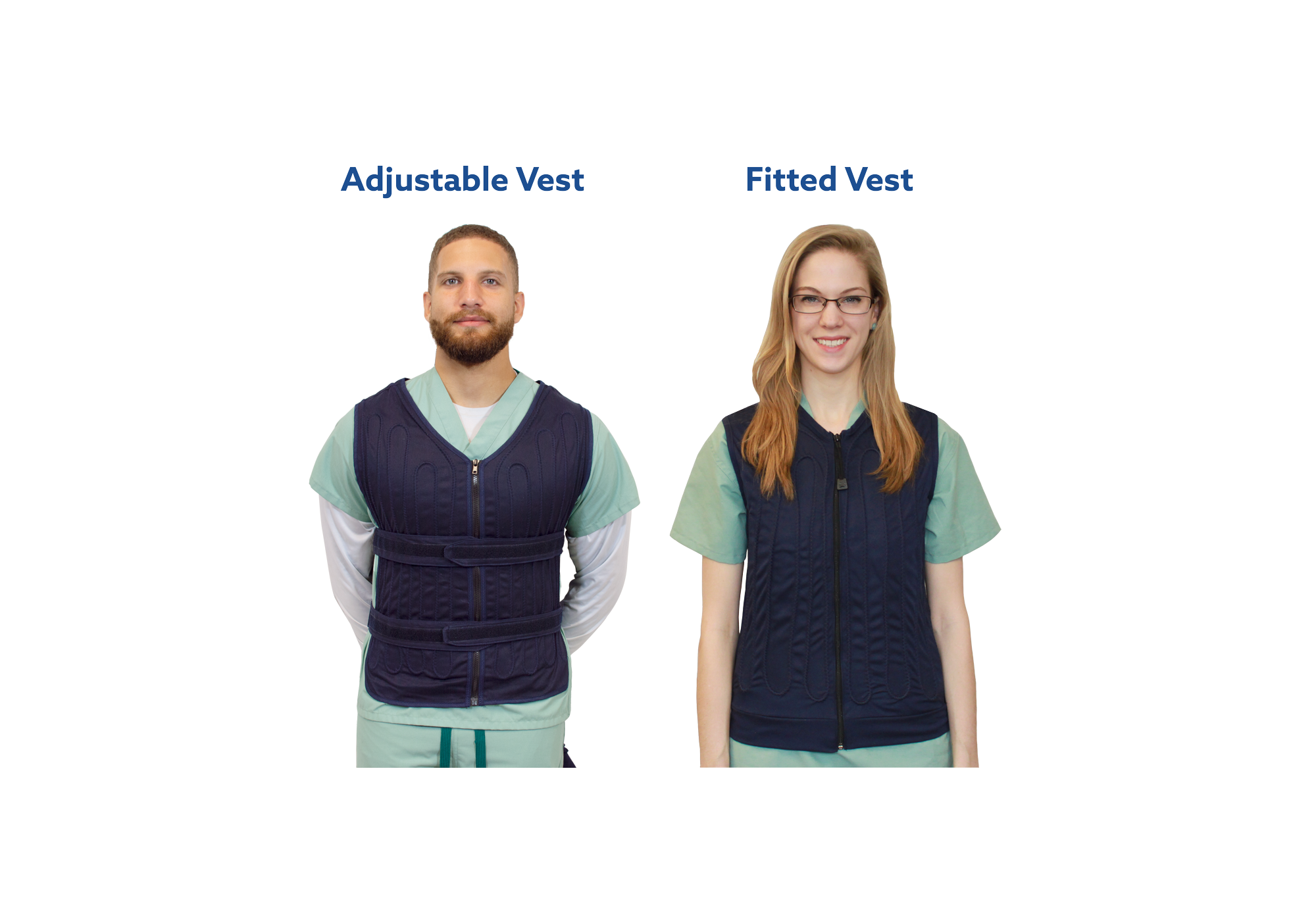 Two people wearing vests labeled 'Adjustable Vest' and 'Fitted Vest' on a white background.