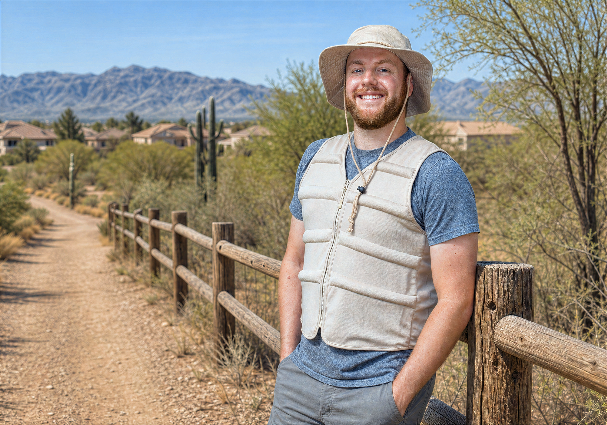 Man in a cool comfort® evaporative cooling vest and hat in khaki, standing in a desert landscape with mountains in the background
