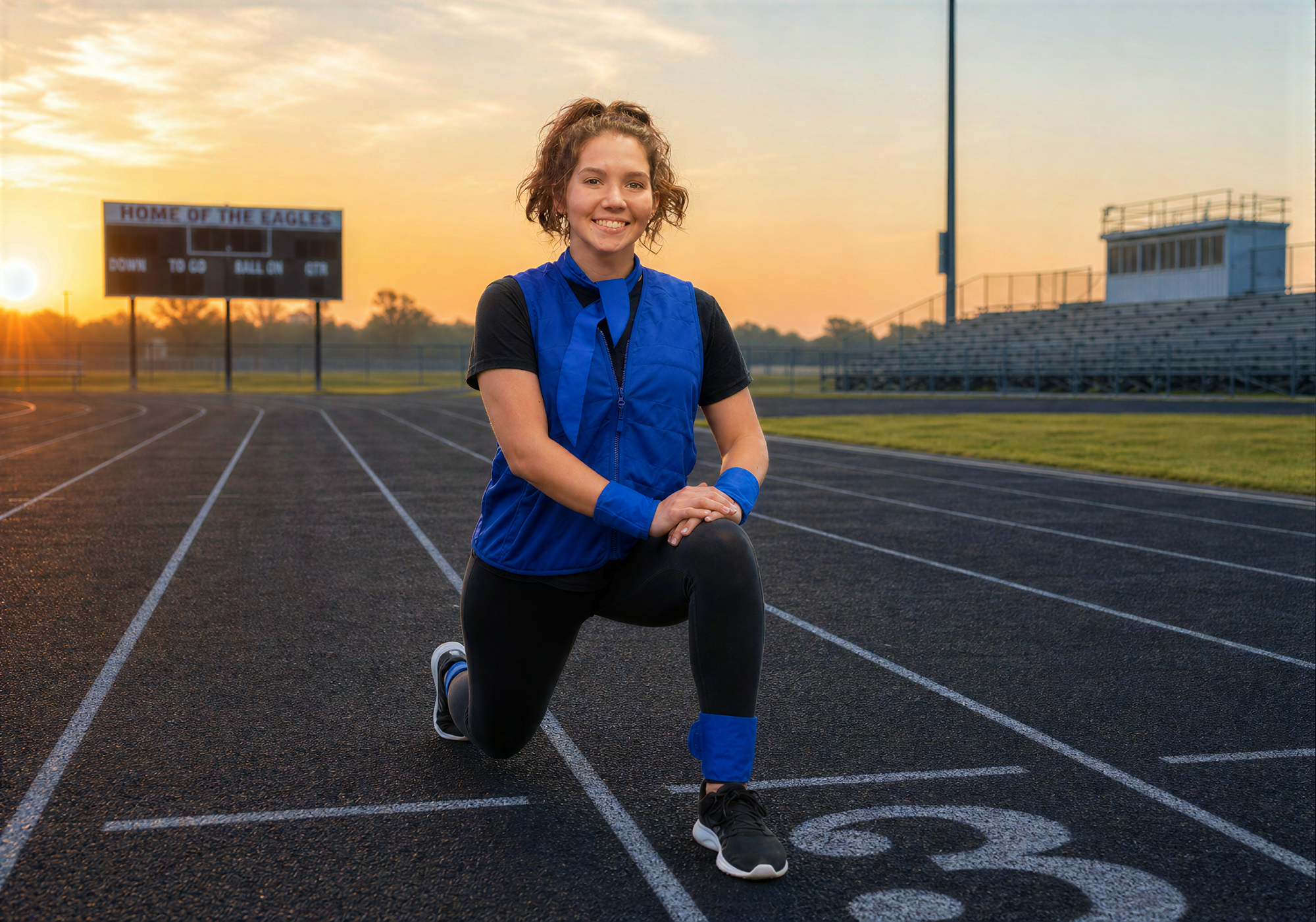 Person stretching on a track at sunset, wearing evaporative cool comfort® accessories like the cooling ankle & wrist wraps, vest and neck wrap.