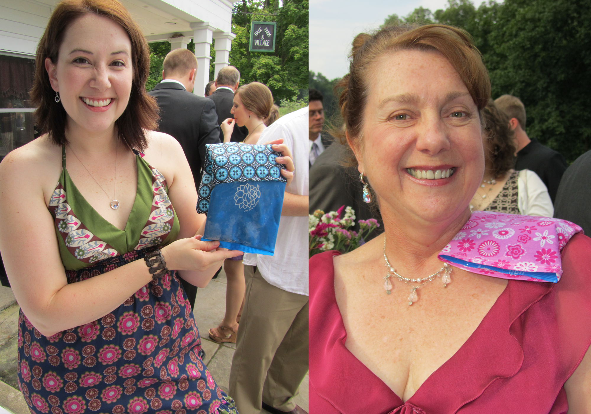 A side-by-side collage shows a woman outdoors holding and wearing a patterned blue cloth accessory, with a closer inset of her wearing a pink version of the same accessory over her shoulder. The product appears to be a decorative fabric pouch or pouch-style accessory in bright patterned fabric with Soft Ice® packs inside.