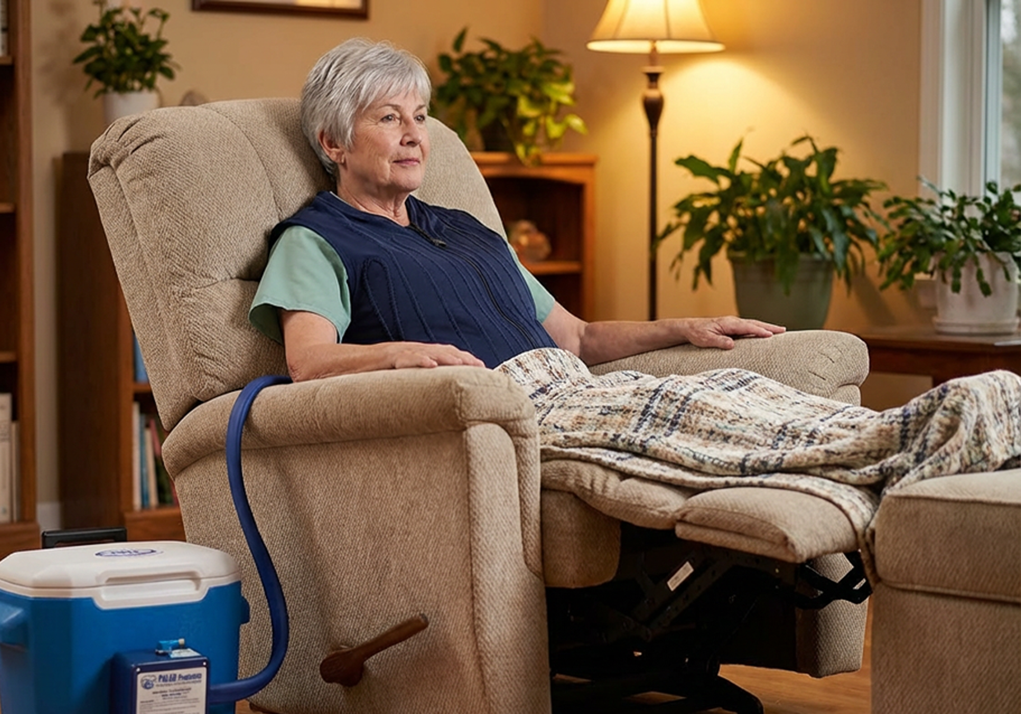 Woman relaxing in a recliner chair with a blanket in a home setting