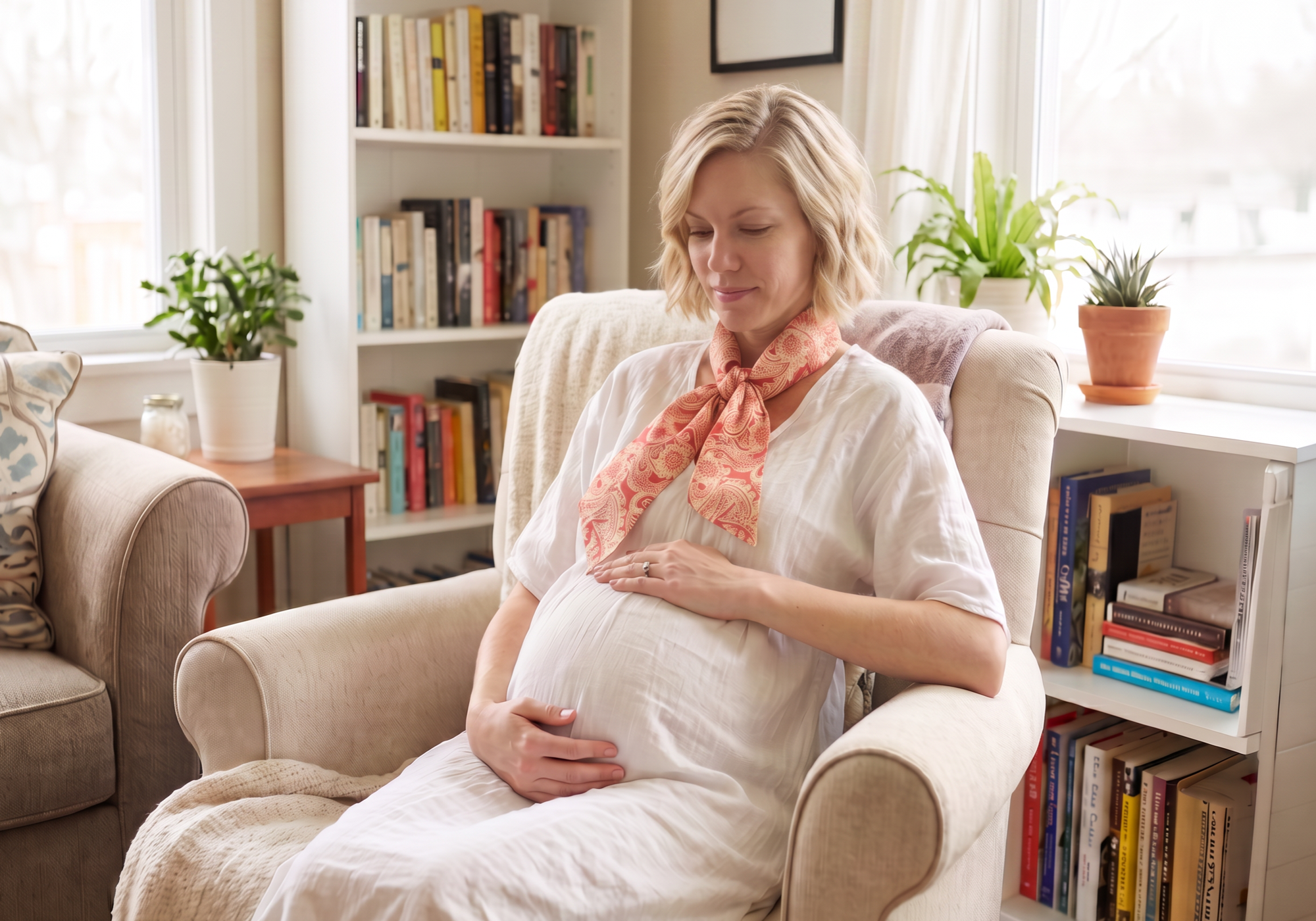 Pregnant woman sitting in a chair in a cozy living room with books and plants.