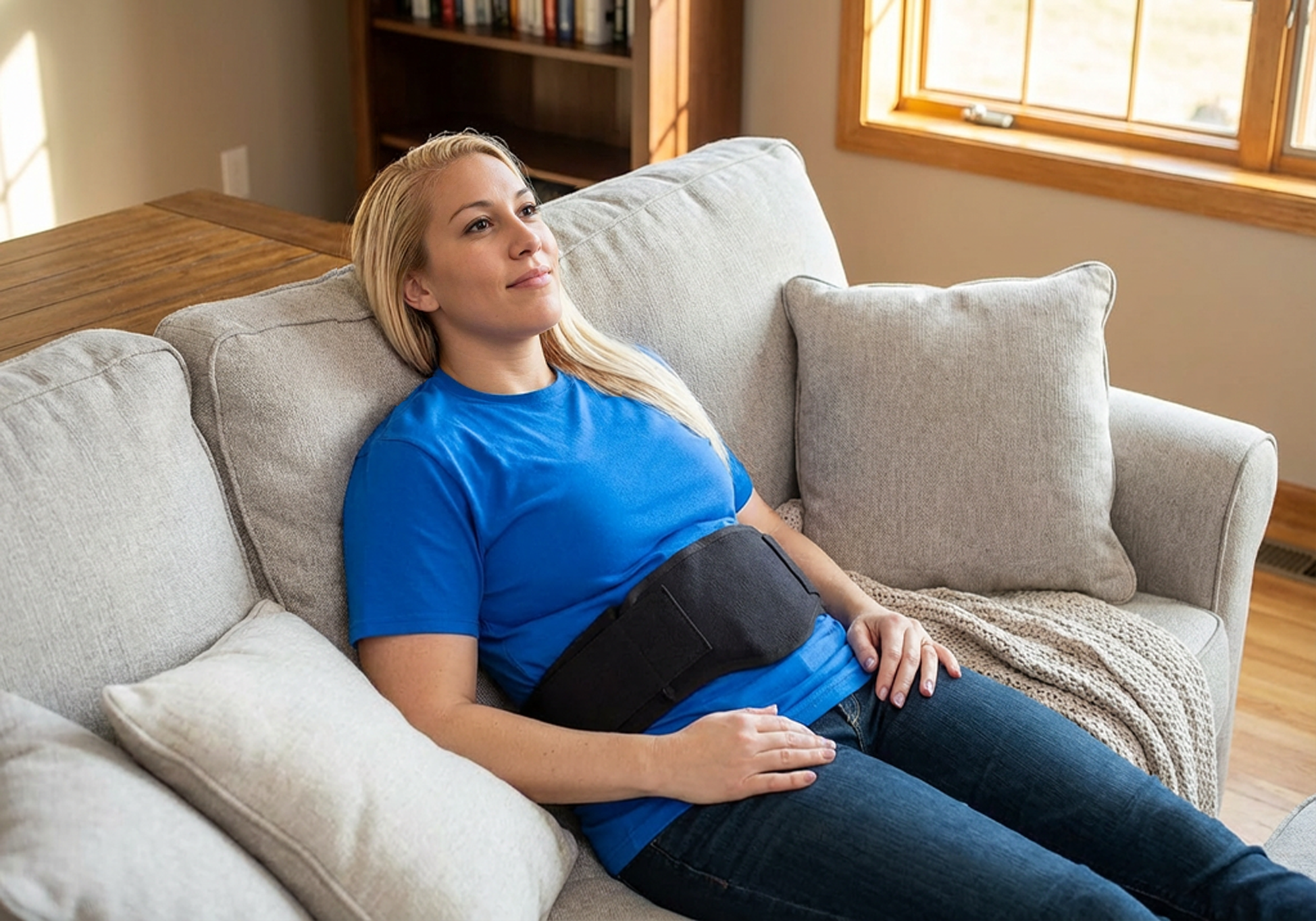 Woman sitting on a couch wearing a black abdominal moist heat therapy pad in a home setting.