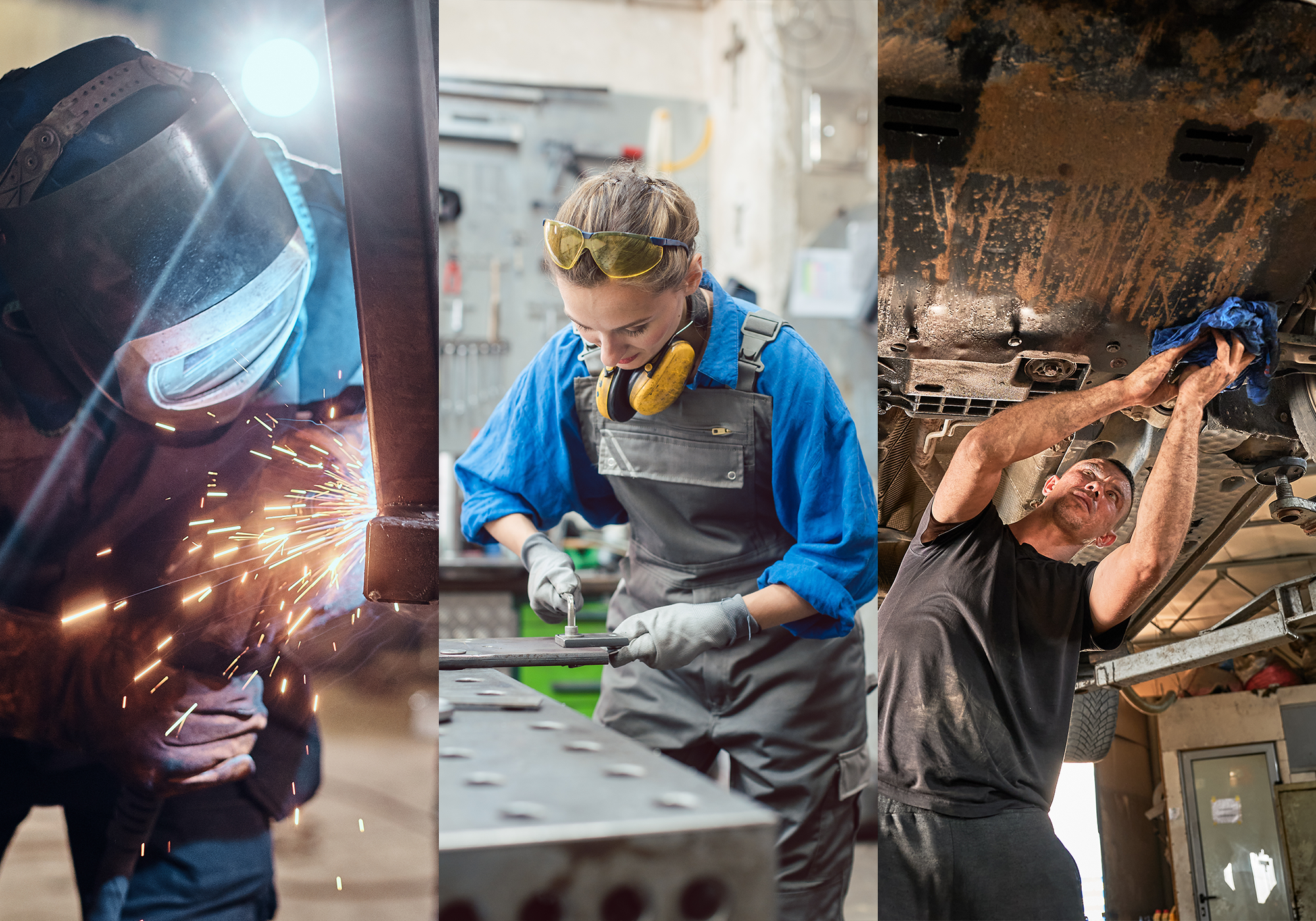 Three workers performing different tasks: welding, working on machinery, and cleaning.