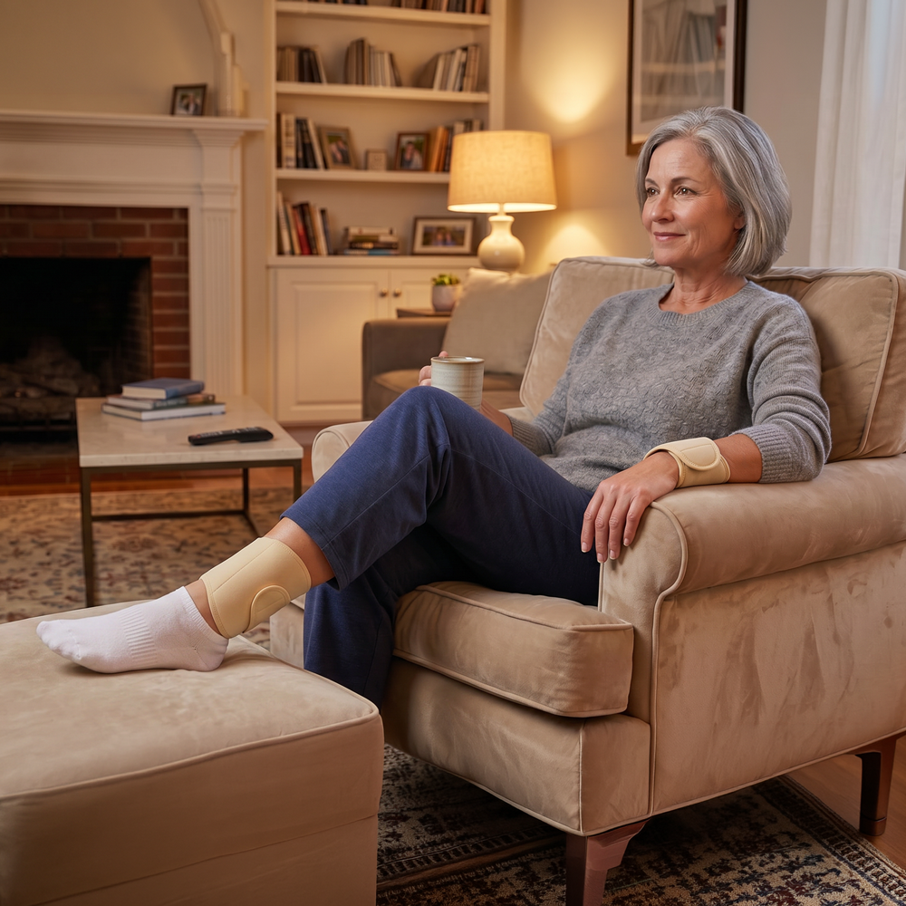 Woman sitting on a couch in a living room with a fireplace and bookshelf wearing soft ice® wrist and ankle wraps.