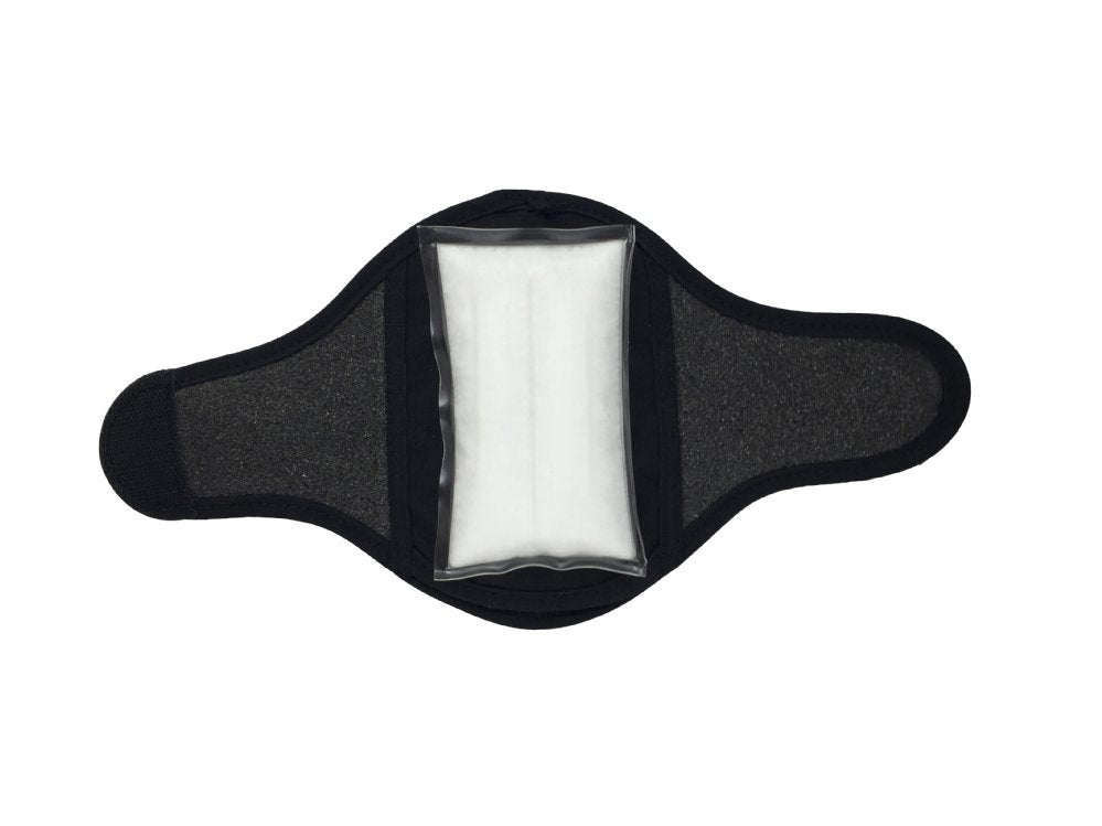 A black wrist cooling wrap with a Cool58® phase change cooling pack in the middle, shown against a plain white background.