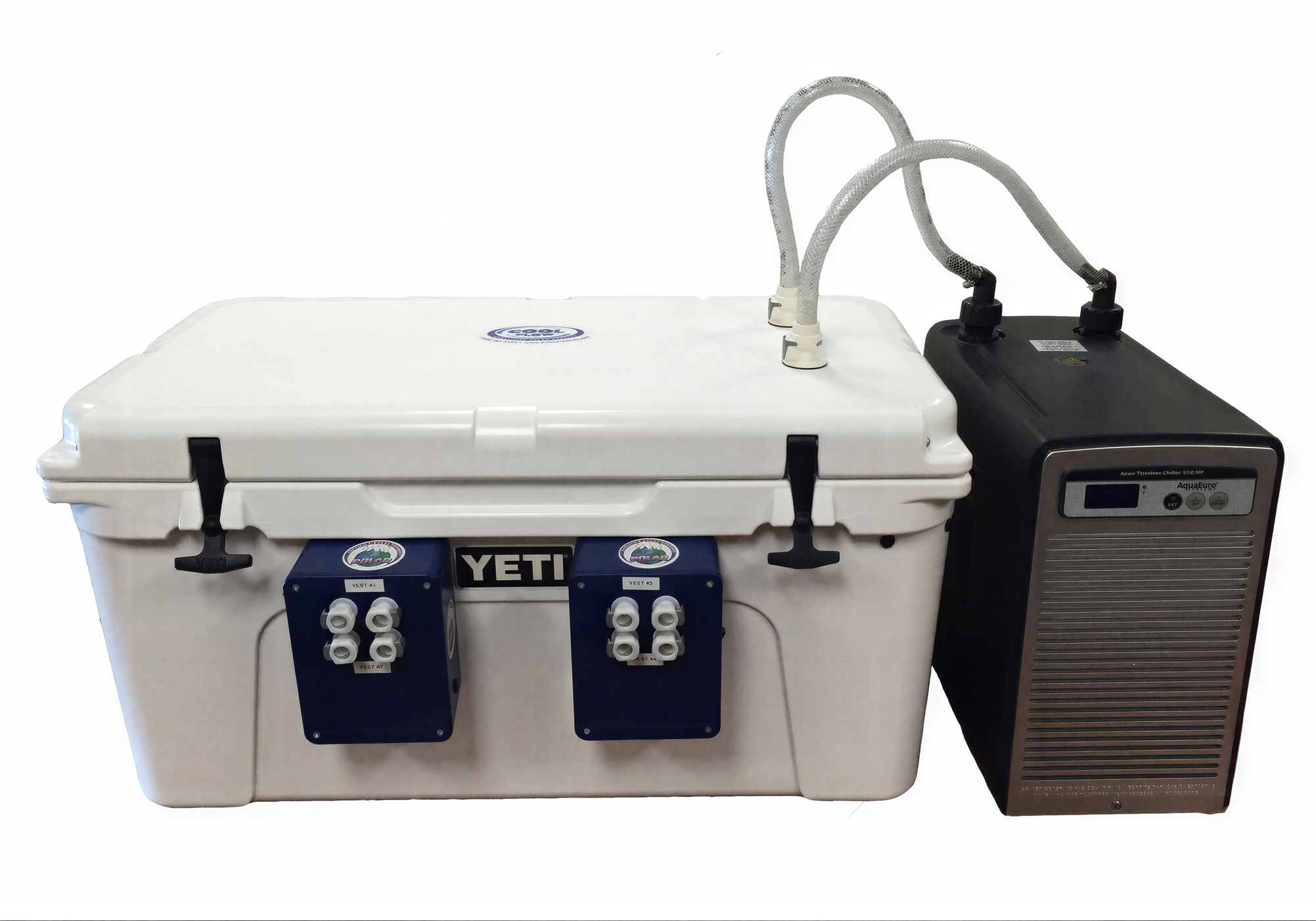 A custom white YETI cooler attached to an Arctic Chiller provided by Polar Products for custom circulated cooling.