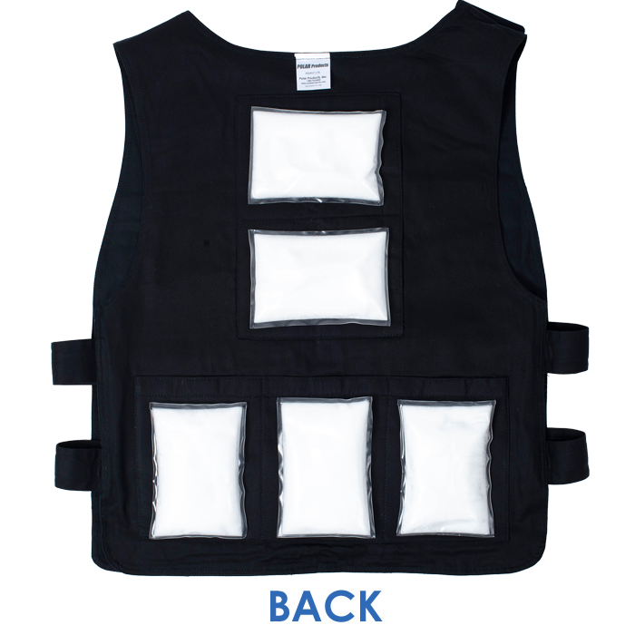 Back interior of a M/L Cool58 zipper front vest with five pack pockets and five Cool58 4.5 x 6 inch phase change cooling packs
