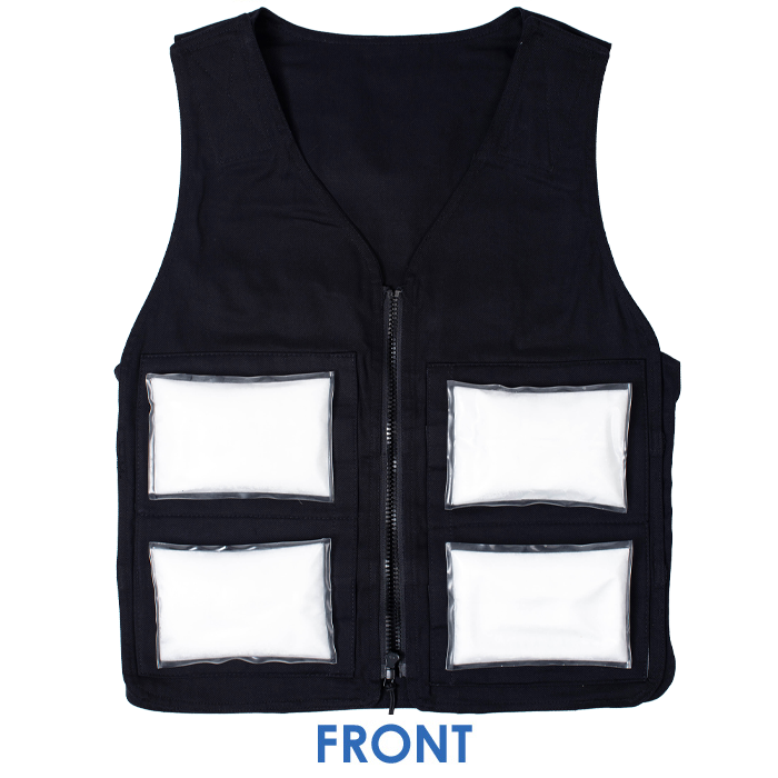 Front interior of a M/L Cool58 zipper front vest with four pack pockets and four Cool58 4.5 x 6 inch phase change cooling packs