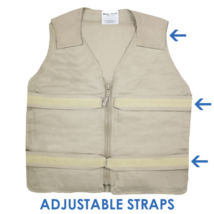 Front of a khaki Kool Max adjustable zipper front cooling vest