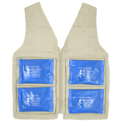 Front interior of a M/L Kool Max zipper front vest with four pack pockets and four 4.5 x 6 inch Kool Max cooling packs