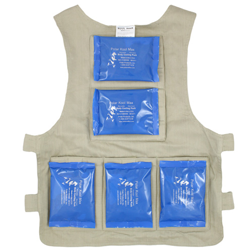Back interior of a M/L Kool Max zipper front vest with five pack pockets and five 4.5 x 6 inch Kool Max cooling packs